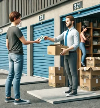 Dos personas frente a un trastero intercambiando dinero