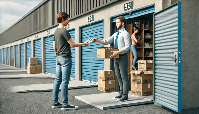 Dos personas frente a un trastero intercambiando dinero