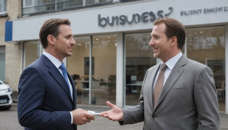 Dos hombres hablando frente a un local comercial