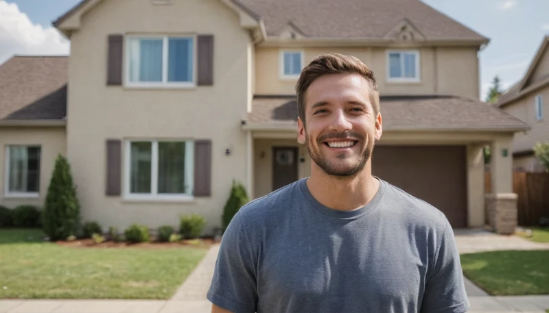 Un hombre feliz frente a una casa que quiere comprar