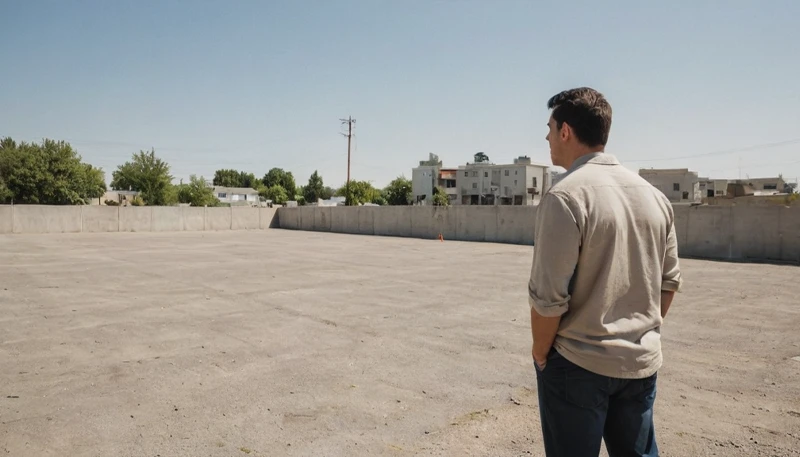 Un hombre mirando un terreno urbano vacio que está a la venta