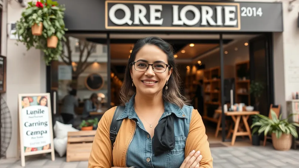 Una mujer emprendedora delante del comercio que acaba de inaugurar