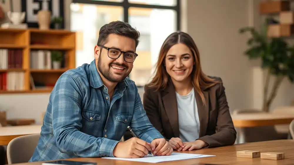 Una pareja joven firmando una hipoteca