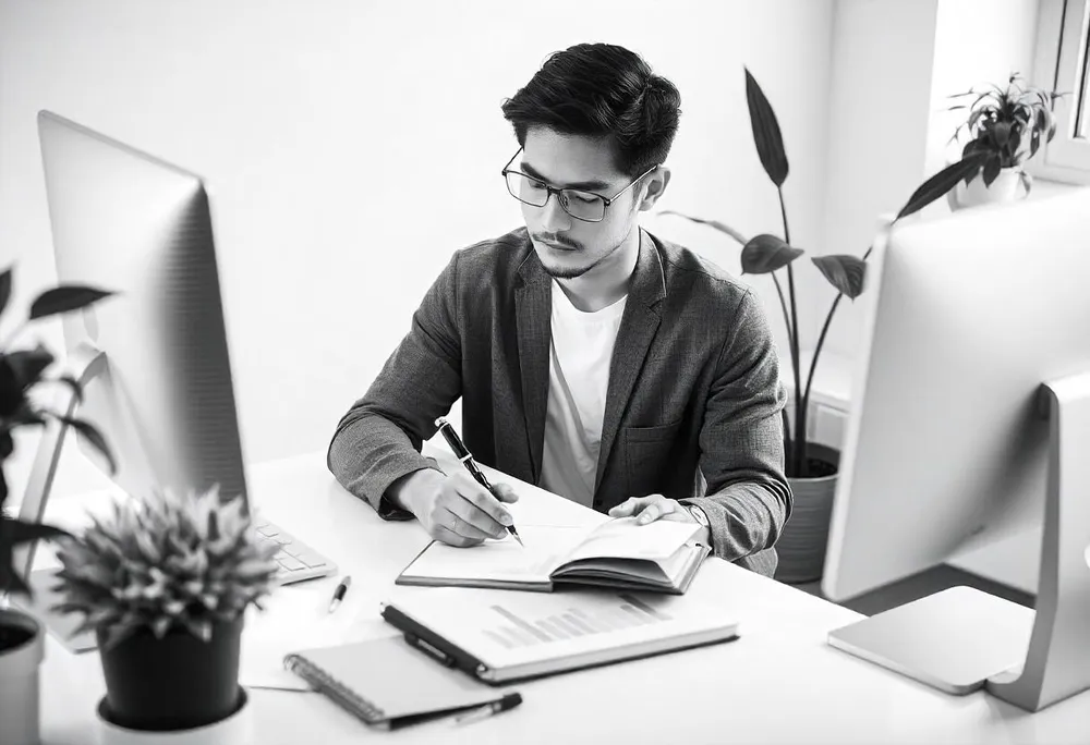 Un hombre calculando un presupuesto sentado en su escritorio con su ordenador