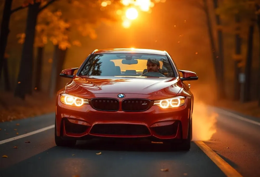 Un hombre conduciendo un coche BMW rojo