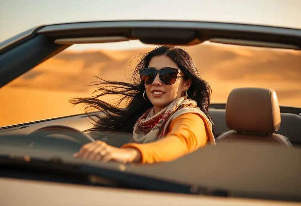 Una mujer conduciendo un coche descapotable