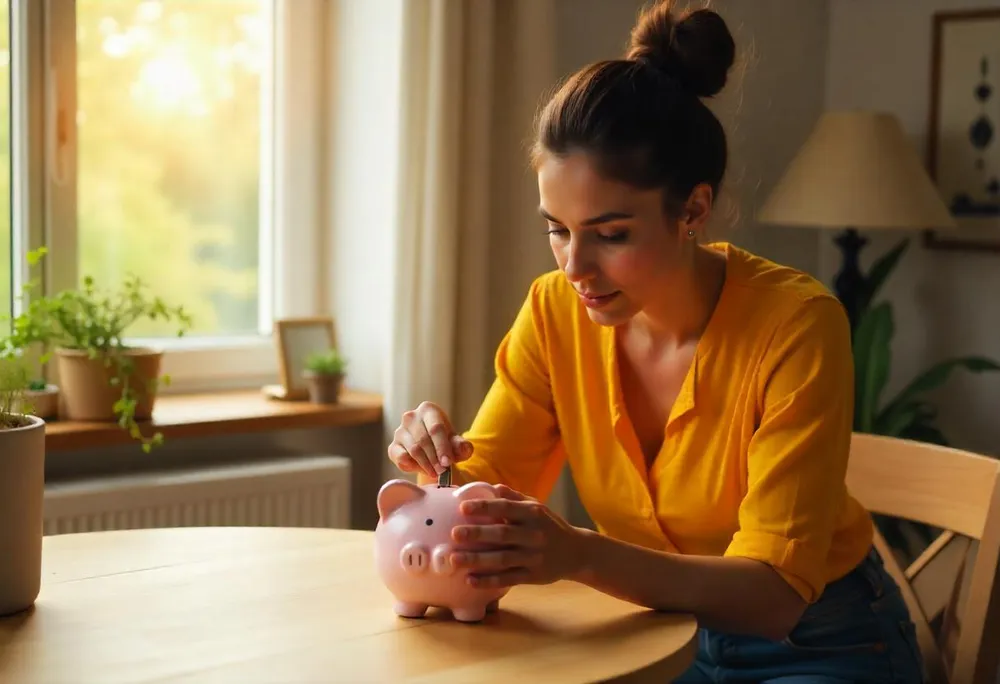 Una mujer metiendo monedas en una hucha