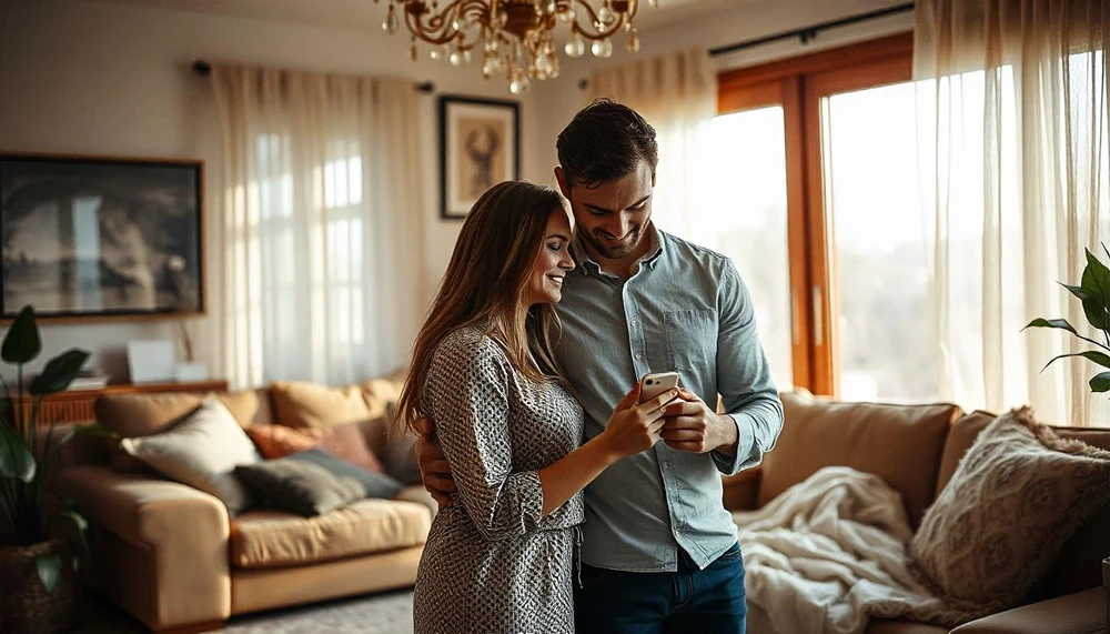 Una pareja creando un presupuesto familiar en el salón de su casa